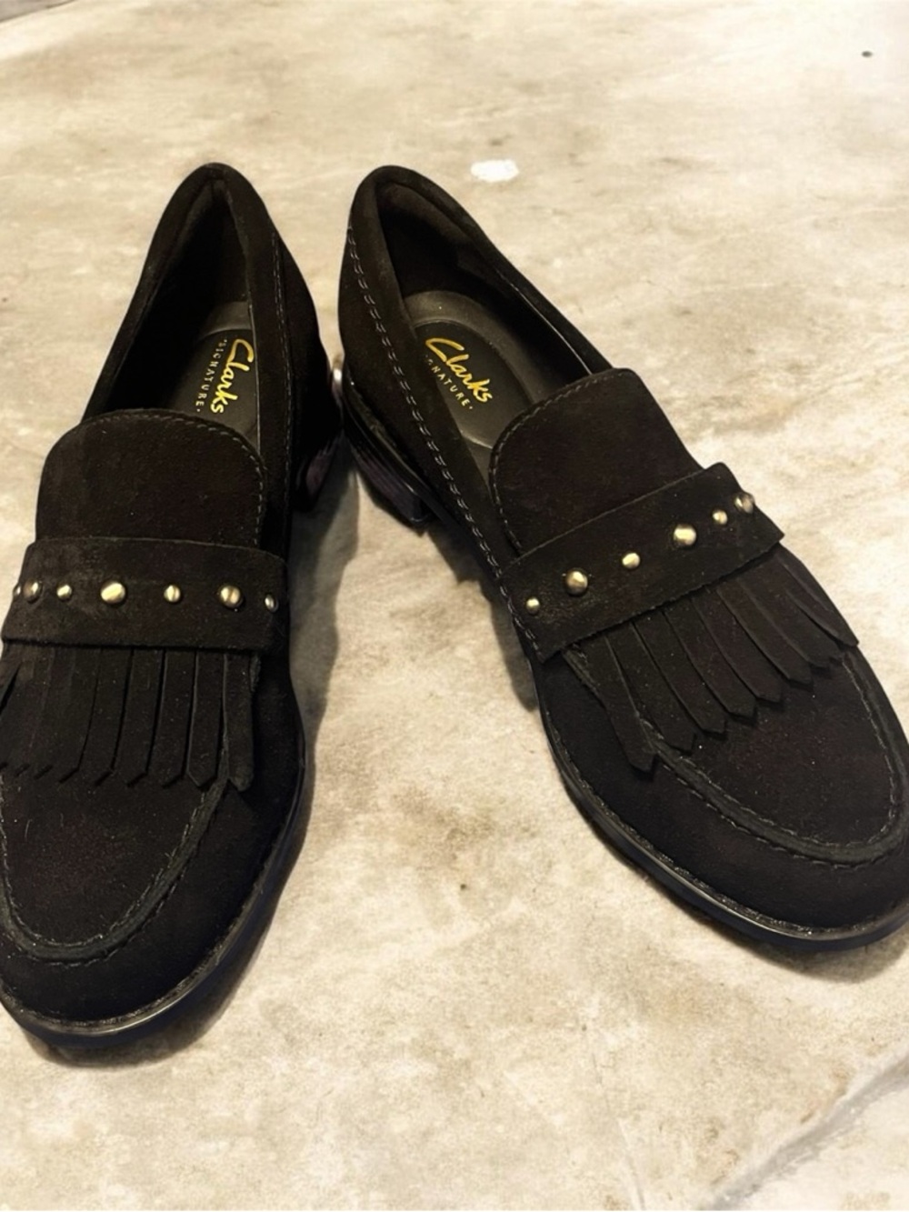 Clarks Black Suede Kiltie Loafers with Metallic Studs